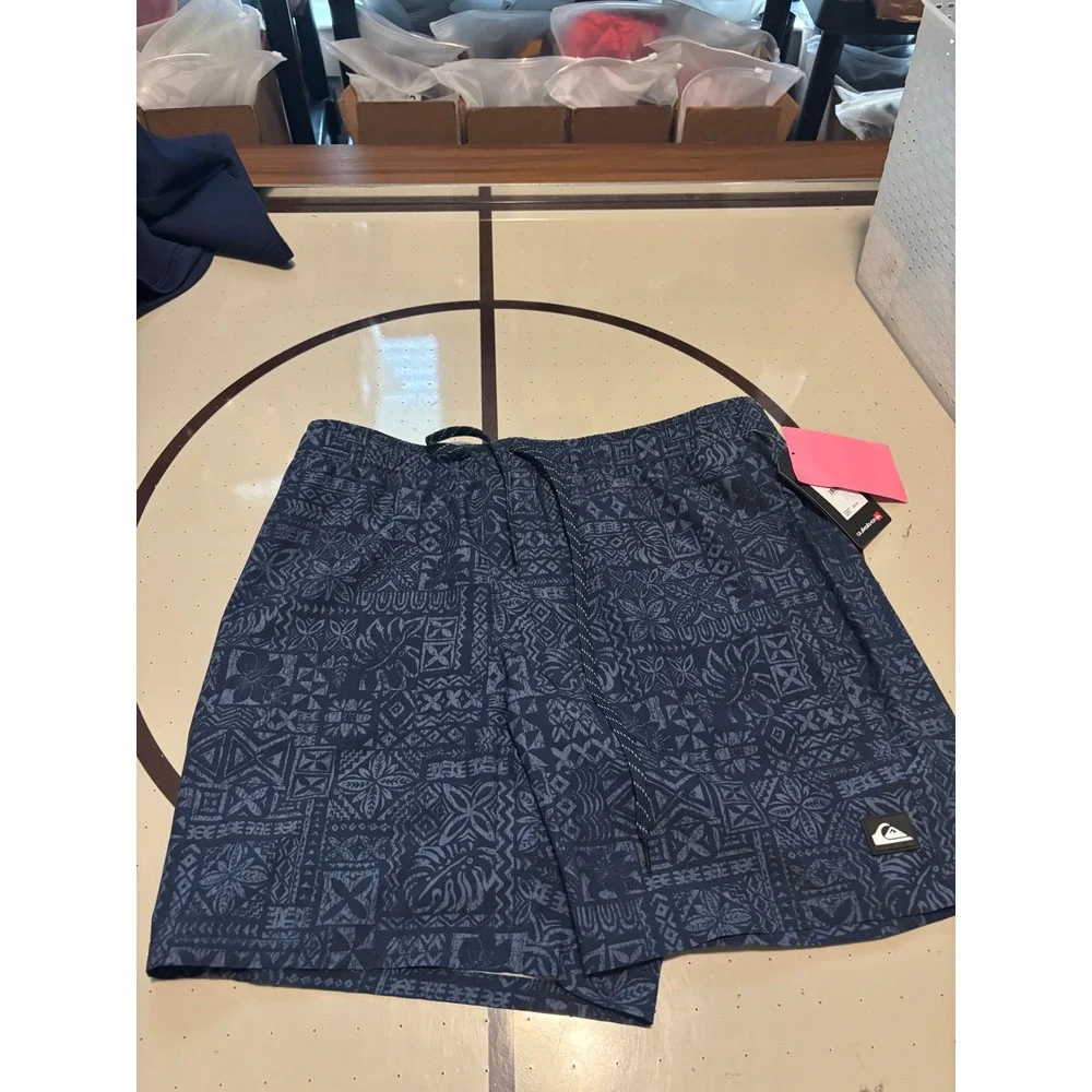 1150 Quiksilver Mens Total Eclipse Tribal  7in Swim Volley Shorts Blue L NWT